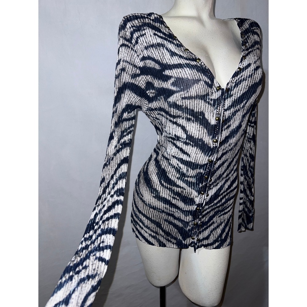 Alberto Makali Zebra Print Studded Rhinestone Zip Front Ribbed Knit Top XL Navy - Picture 4 of 8